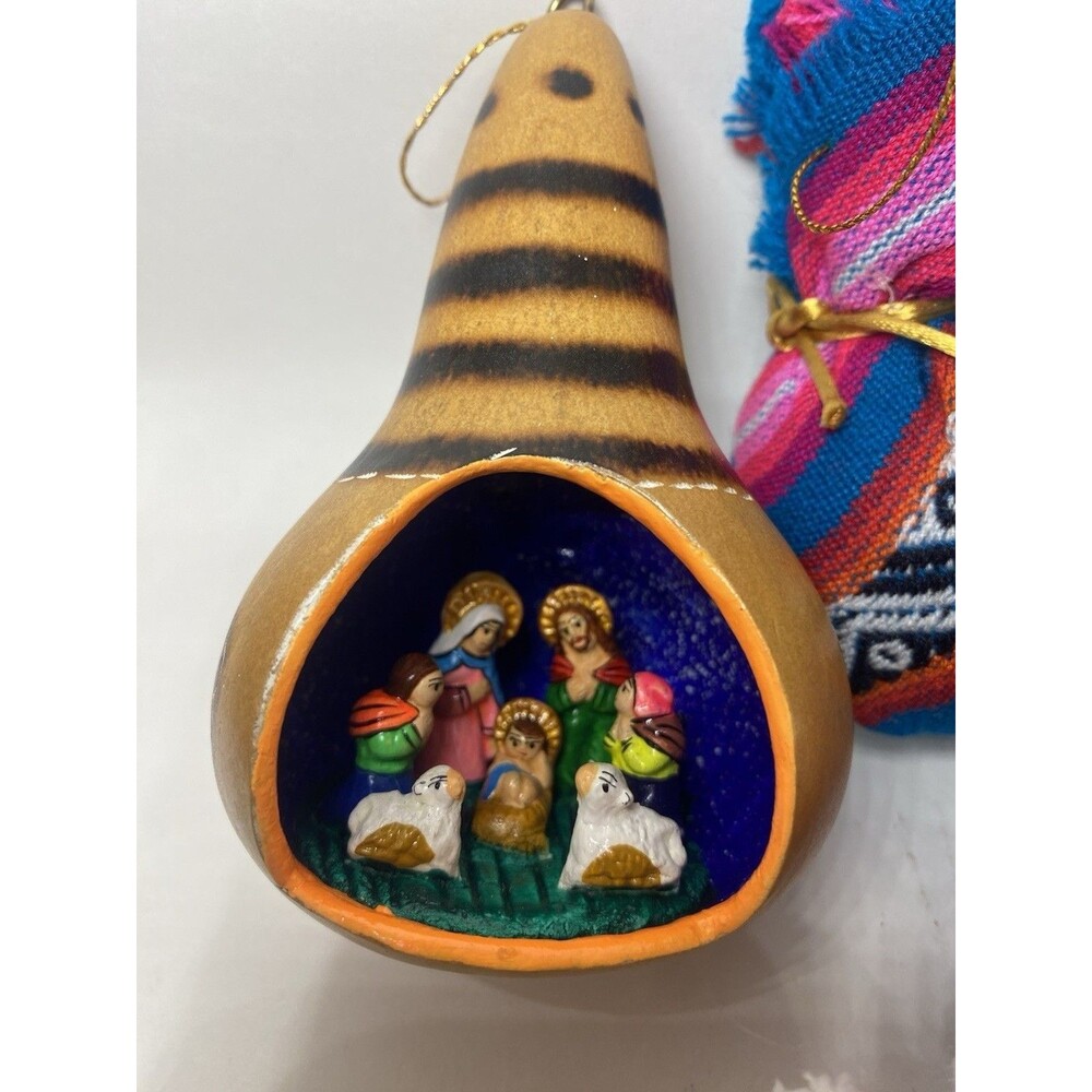 Hand Carved Gourd Nativity Christmas Holiday Ornaments Peruvian Colorful Balls